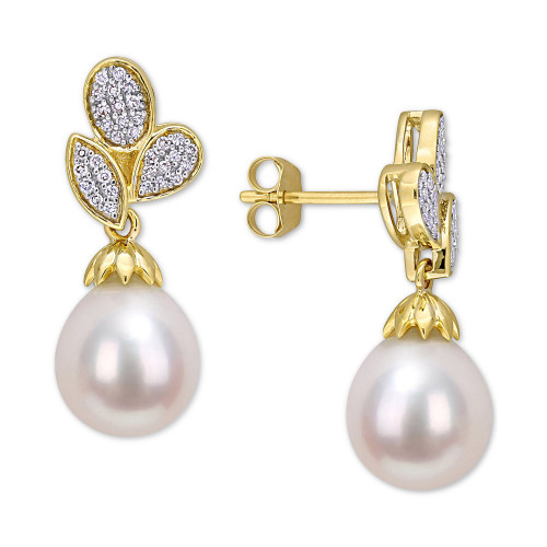 Cultured Freshwater Pearl (9mm) & Diamond (1/5 ct. t.w.) Drop Earrings in 10k Gold