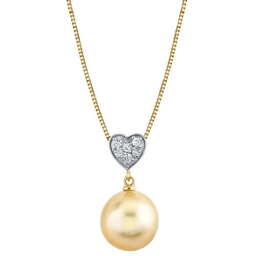 Cultured Golden South Sea Pearl (10mm) & Diamond Accent Heart 18" Pendant Necklace in 14k Gold