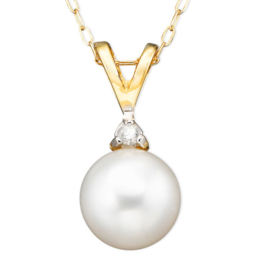 Pearl Cultured Freshwater Pearl (6-1/2mm) and Diamond Accent Pendant Necklace in 14k Gold