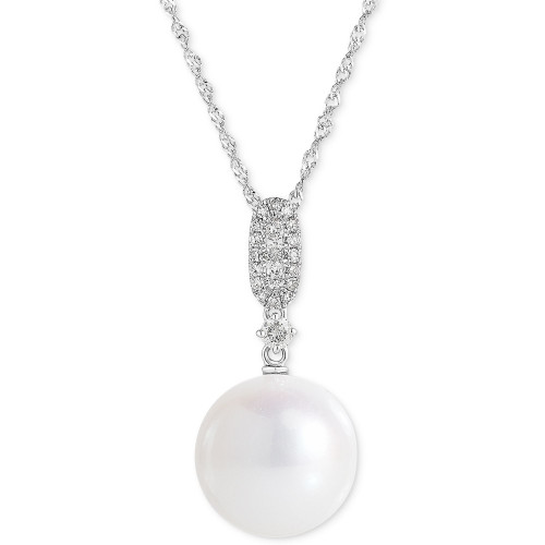 Cultured Freshwater Pearl (10mm) & Diamond (1/6 ct. t.w.) Pendant Necklace in 14k White Gold, 16" + 2" extender