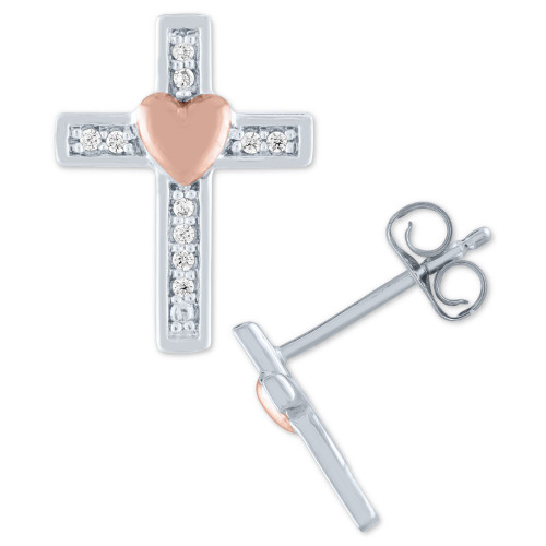 Diamond Accent Cross Stud Earrings in Sterling Silver & Rose Gold-Plate