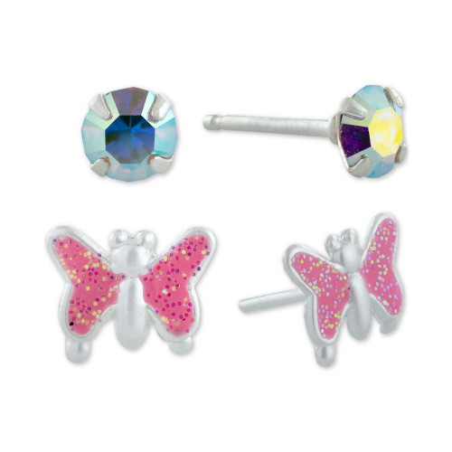 2-Pc. Set Crystal Solitaire & Glitter Butterfly Stud Earrings in Sterling Silver, Created for Macy's