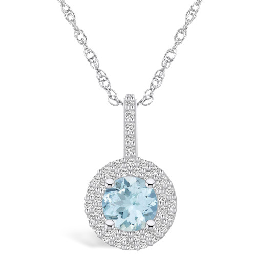 Aquamarine (1-1/4 Ct. T.W.) and Diamond (3/8 Ct. T.W.) Halo Pendant Necklace in 14K White Gold