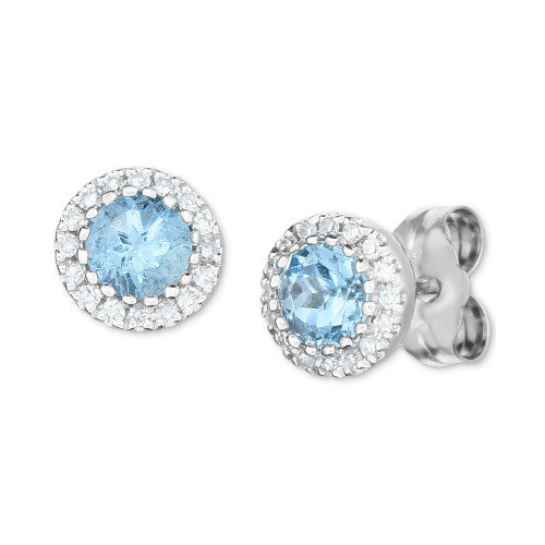 Aquamarine (1/2 ct. t.w.) & Diamond (1/8 ct. t.w.) Halo Stud Earrings in 14k White Gold