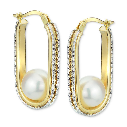 Cultured Freshwater Pearl (8mm) Oval Hoop Earrings in 14k Two-Tone Gold