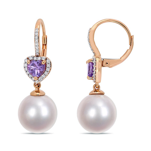 Freshwater Cultured Pearl (11-12mm), Amethyst (4/5 ct. t.w.) and Diamond (1/5 ct. t.w.) Heart Drop Earrings in 10k Rose Gold