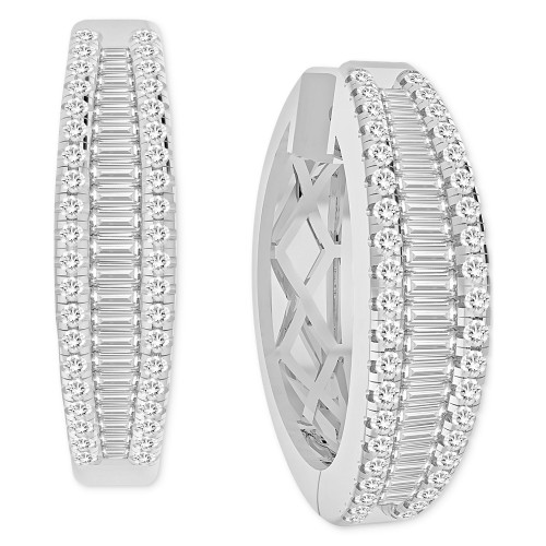 Diamond Baguette & Round Ladder Small Hoop Earrings (3/4 ct. t.w.) in 14k White Gold. 0.8"