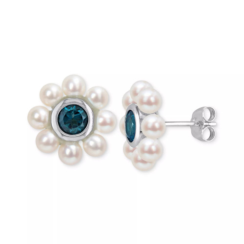 Rhodolite Garnet (1-1/8 ct. t.w.) & Cultured Freshwater Pearl (3-1/2 - 4mm) Flower Stud Earrings in 10k Gold (Also in Blue Topaz)