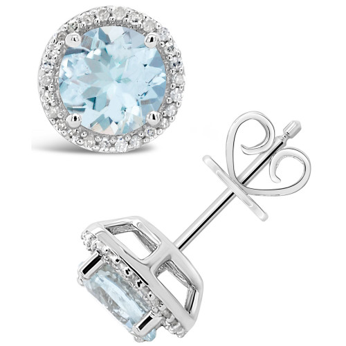 Aquamarine (2-1/2 ct. t.w.) and Diamond (1/6 ct. t.w.) Stud Earrings in Sterling Silver
