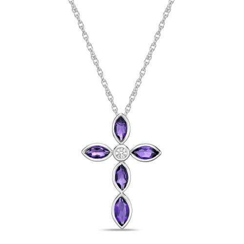 Sterling Silver Simple 1 3/8 (ct. t. w.) Genuine Purple Amethyst and White Topaz Marquise Bezel Set Cross Pendant Necklace