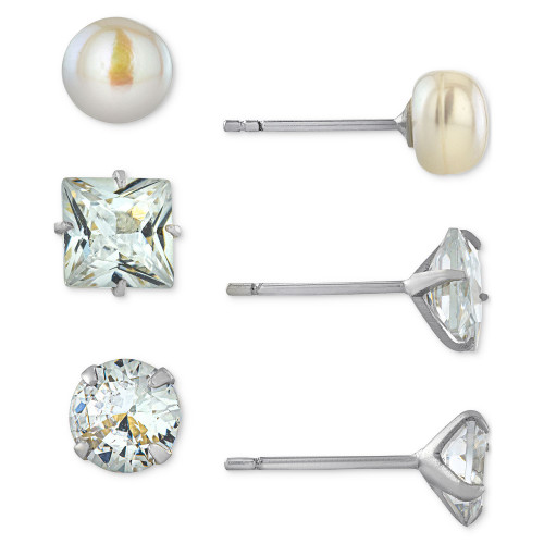 3-Pc. Cubic Zirconia & Cultured Freshwater Pearl (7mm) Stud Earrings in Sterling Silver, Created for Macy's