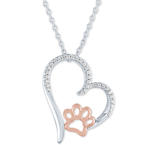 Diamond Heart & Paw Pendant Necklace (1/10 ct. t.w.) in Sterling Silver & 14k Rose Gold-Plate, 16" + 2" extender