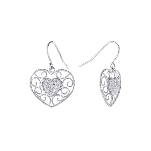 Gray and Pink Crystal (0.35 ct.t.w) Filigree Heart Drop Earrings in Sterling Silver