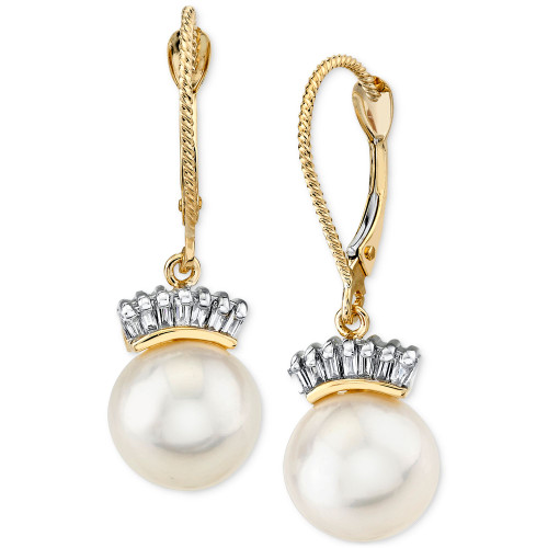 Cultured Freshwater Pearl (9mm) & Diamond (1/5 ct. t.w.) Crown Drop Earrings in 14k Gold
