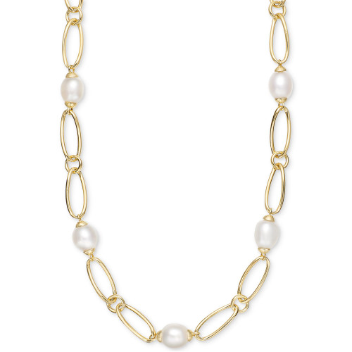 Cultured Freshwater Pearl (9-3/4 x 10-3/4mm) Oval Link 18" Collar Necklace in 14k Gold-Plated Sterling Silver