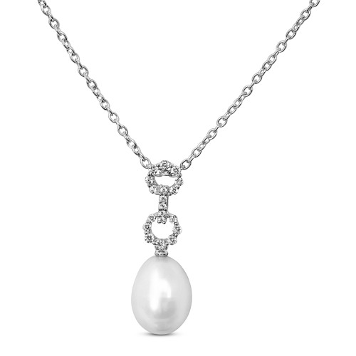 Cultured Freshwater Pearl (11x9mm) & Cubic Zirconia (3/8 ct.tw.) 18" Pendant Necklace in Sterling Silver
