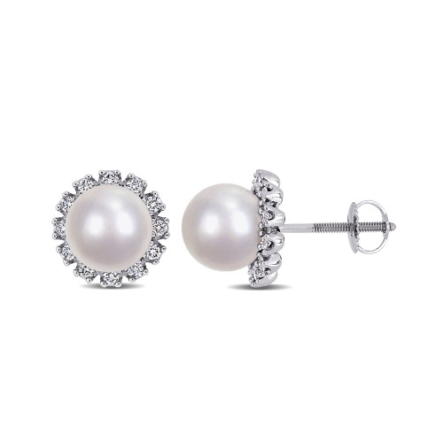 Akoya Cultured Pearl (8-8.5mm) and Diamond (3/8 ct. t.w.) Flower Stud Earrings in 14k White Gold