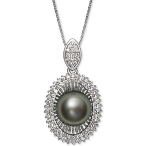 Black Cultured Tahitian Pearl (10mm) & Cubic Zirconia 18" Pendant Necklace in Sterling Silver