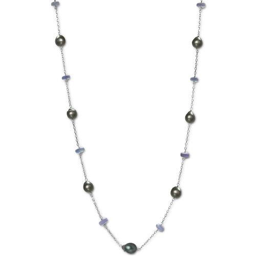 Cultured Tahitian Pearl (9mm) & Tanzanite (3 ct. t.w.) 24" Statement Necklace in Sterling Silver