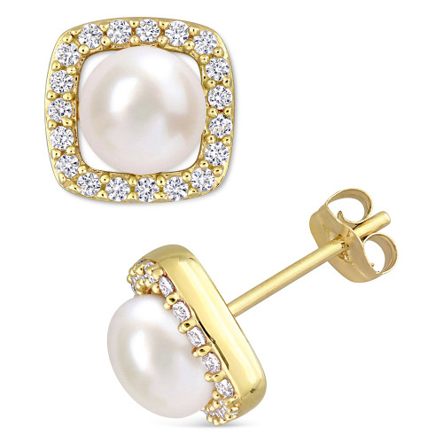 Cultured Freshwater Pearl (6mm) & Lab-Created White Sapphire (3/8 ct. t.w.) Square Halo Stud Earrings in 10k Gold