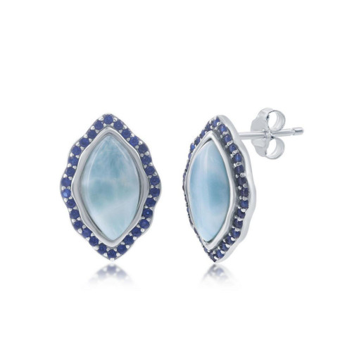 Sterling Silver Marquise Larimar with Sapphire CZ Border Stud Earrings
