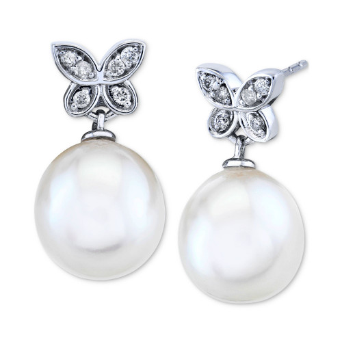 Cultured Freshwater Pearl (9mm) and Diamond (1/10 ct. t.w.) Butterfly Drop Earrings in 14k White Gold