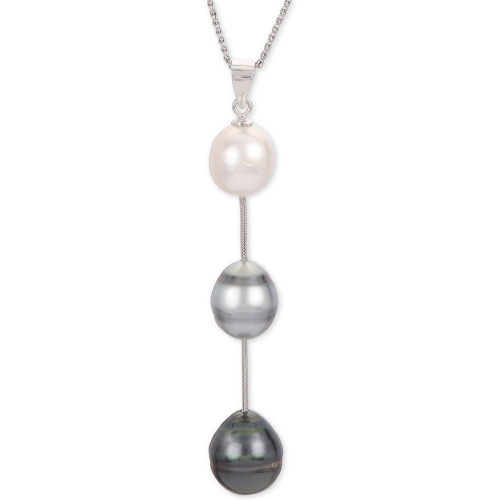 Cultured White South Sea Pearl (8mm), Cultured Gray Tahitian Pearl (9mm) & Cultured Black Tahitian Pearl (10mm) 18" Pendant Necklace in Sterling Silver