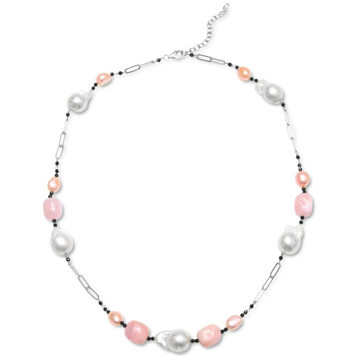 Multi-Pearl & Multi-Gemstone Statement Necklace in Sterling Silver, 22" + 2" extender
