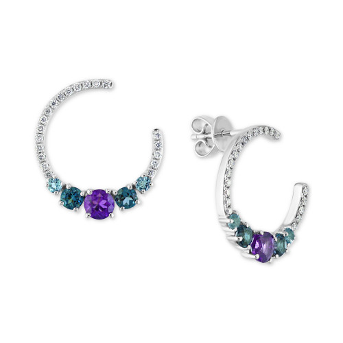 Multi-Gemstone (1-1/5 ct. t.w.) & Diamond (1/4 ct. t.w.) Spiral Hoop Earrings in 14k White Gold