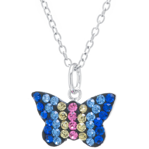 Multicolor Pave Crystal Butterfly Pendant With 18" Chain set in Sterling Silver