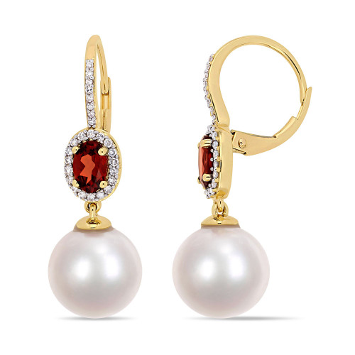 Freshwater Cultured Pearl (11-12mm), Garnet (1 1/10 ct. t.w.) and Diamond (1/4 ct. t.w.) Oval Drop Earrings in 10k Yellow Gold