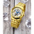 Stainless Steel Gold Tone Case on Stainless Steel Link Bracelet, Gold Tone Dial, with Blue Accents