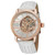 Stainless Steel Rose Tone Case on White Perforated Alligator Embossed Genuine Leather Strap with Gray Contrast Stitching, Silver Skeletonized Dial, with Rose Tone Accents
