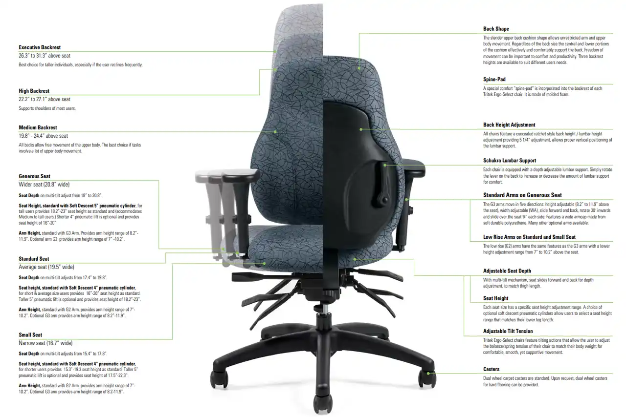 Sample of ergonomic features in an ergonomic chair. Global Tritek