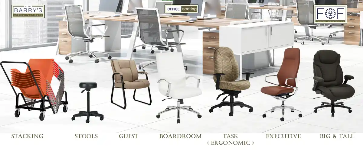 Most popular type of office chairs:Stacking chairs, Stools, Guest seating, Boardroom chairs, Task chairs, Executive seating, Big & Tall chairs 