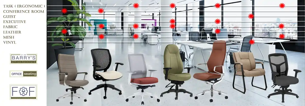 Task chairs, Boardroom chairs, Guest chairs, Executive chairs, Leather chairs, Fabric chairs, Mesh chairs