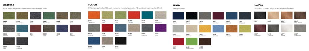 ObusForme Comfort fabric and colour options showing Carrera, Fusion and Jenny polyester textiles plus LuxPlus vinyl in over 50 combined colours including black, greys, blues, greens, reds and neutrals