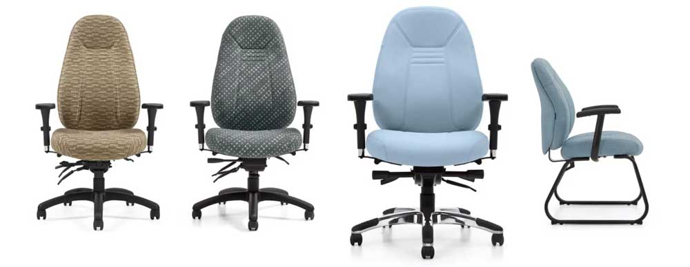 ObusForme Comfort series office chairs including high back multi-tilter, medium back multi-tilter, and guest chair models