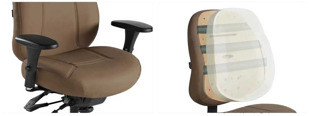 Cutaway view of ObusForme elastomeric back support system inside office chair backrest showing pressure-free spine support