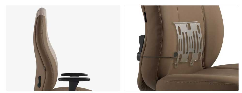ObusForme Schukra adjustable lumbar support mechanism and adjustment lever on Global office chair backrest