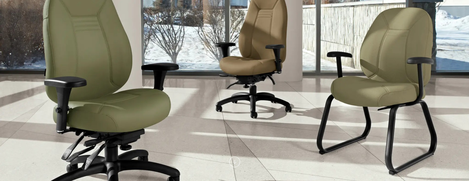 Three ObusForme Comfort chairs in different fabric showing multi-tilt task chair, high back executive chair, and guest chair in modern office setting