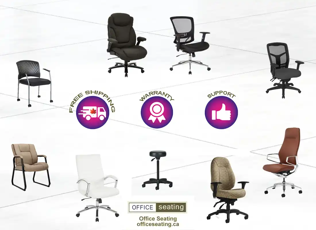 This graphic illustrates the concept of free shipping, fast delivery, warranty and support services that OfficeSeating.ca offers to their clients.