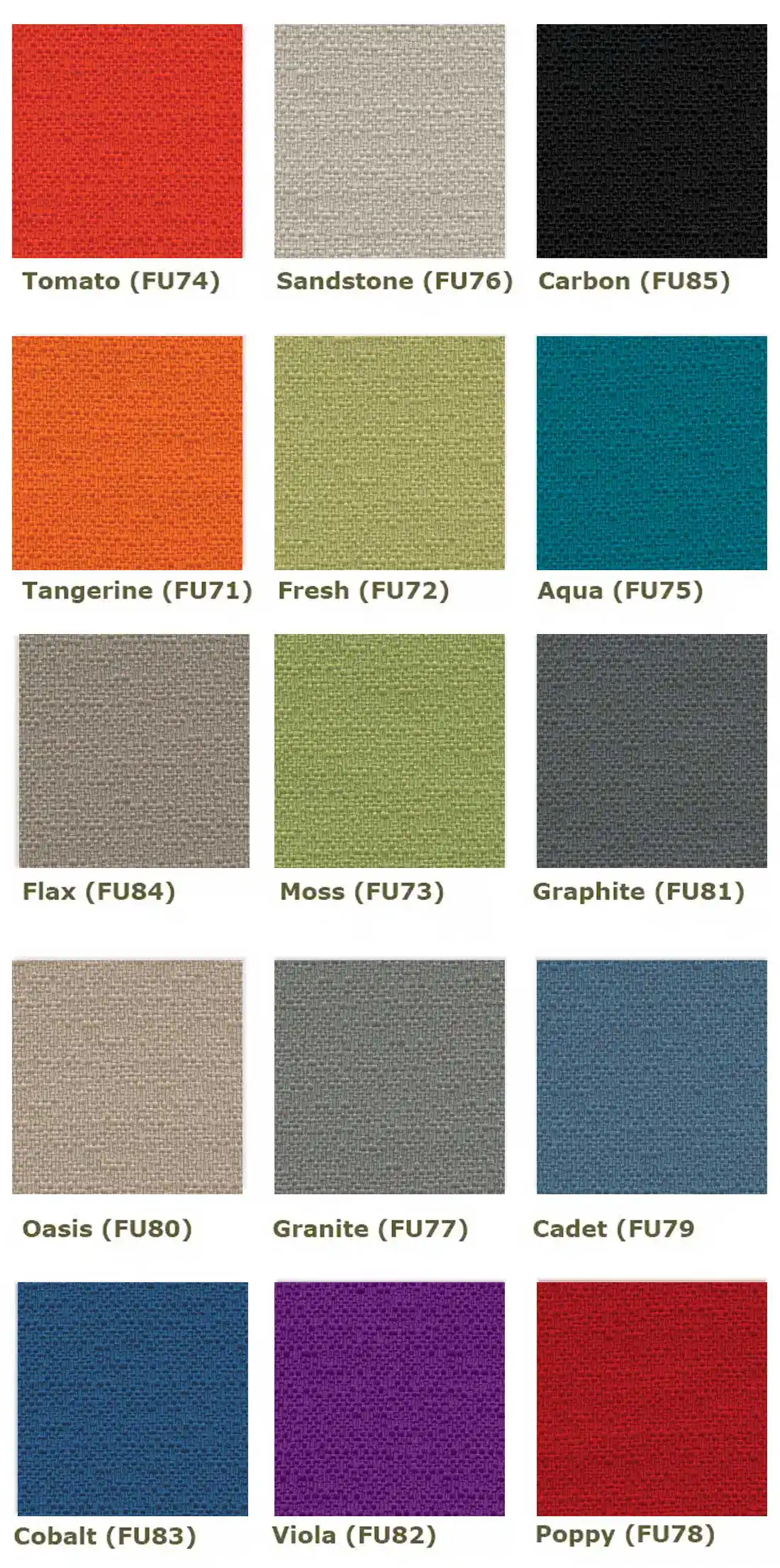 Fusion Available Colors: Tangerine (FU71), Fresh (FU72),Moss (FU73), Tomato (FU74), Aqua (FU75),Sandstone (FU76),Granite(FU77), Poppy (FU78),Cadet (FU79),Oasis (FU80),Graphite (FU81),Viola (FU82),Cobalt (FU83),Flax (FU84), Carbon (FU85)