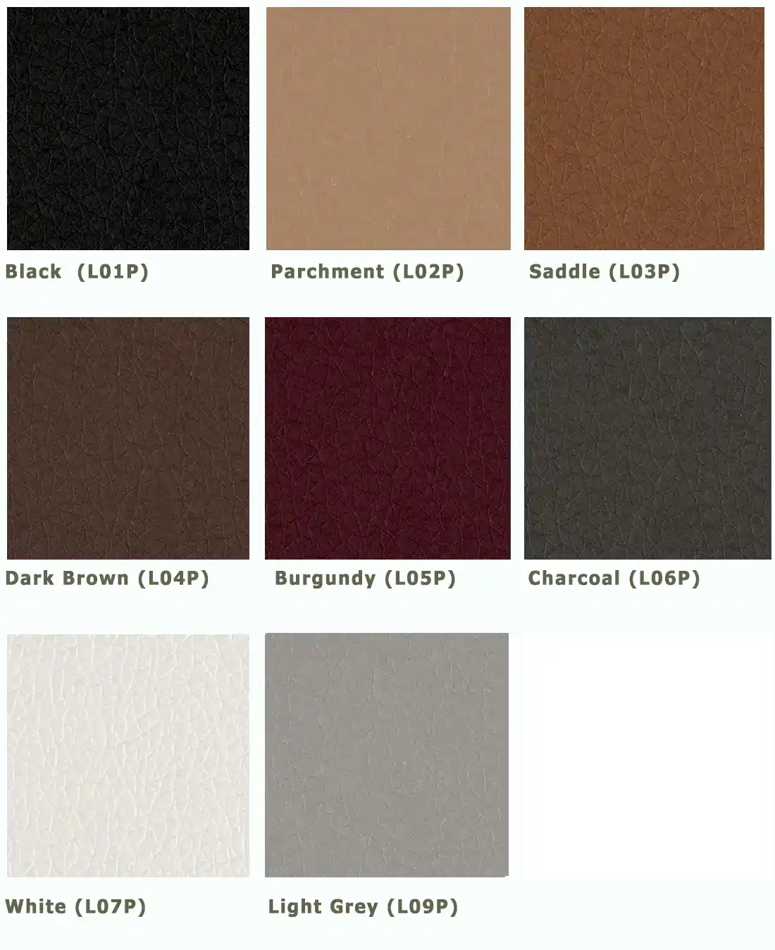 Luxplus Available Colors: Black (BL20), Parchment (BL22), Saddle (BL23), Dark Brown (BL24), Burgundy (BL26), Charcoal (BL27), White (BL28), Light Grey (BL34)
