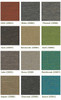 The Carrera Grade 1 fabric options feature a textured weave and 15 stylish colours. These include Chili (CE92), a vibrant red-orange; Slate (CE86), a deep slate grey; Flannel (CE90), a soft heather grey; Java (CE97), a warm chocolate brown; Savannah (CE85), a sandy tan gold; Zest (CE84), a citrus green; Jute (CE93), a medium taupe brown; Dune (CE89), a warm grey tone; Rainforest (CE87), a bright green; Aspen (CE88), a muted gold-brown; Charcoal (CE98), a rich dark grey; and Azure (CE91), a vibrant turquoise-blue.