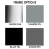 The available chair frame finish options include Chrome (CHM), a highly reflective silver; Tungsten (TTU), a sleek industrial grey; Black (TBL), a clean matte black; and Shadow (TSH), a soft medium grey tone.