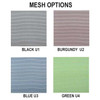 The Spritz mesh backrest collection includes four breathable mesh colours: Black (U1), a classic solid black; Burgundy (U2), a dark red; Blue (U3), a vibrant sky blue; and Green (U4), a fresh pastel green.