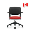 Global Novello 6400 office chair, black back, red seat, armrests. Made in Canada.