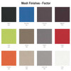 Factor mesh upholstery options shown in a 4×3 grid: Black (P6), Buzz Blue (Q1), Charcoal (P5), Eggplant (P9), Lime (Q4), Mocha (P8), Pewter (P3), Poppy (Q2), Pumpkin (Q3), Sand (P2), Silver Grey (P4), Snow (P1).