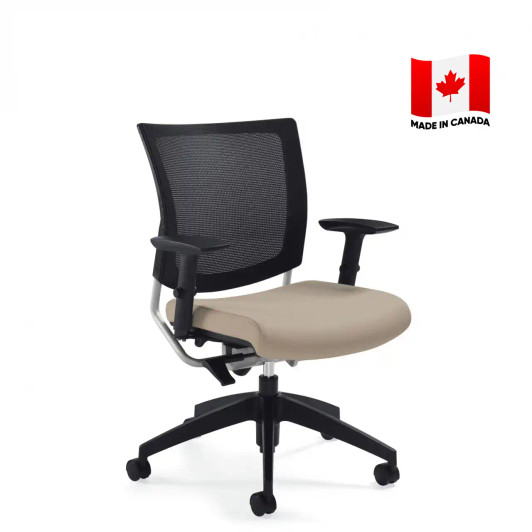 Global Graphic mesh back chair, beige seat, adjustable arms (2738MB). Made in Canada.